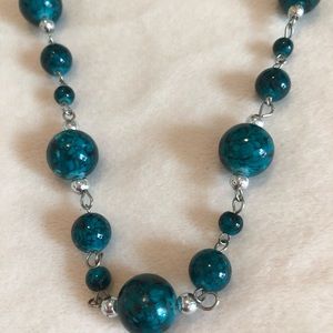 Teal necklace, rhinestone pin and clip earrings